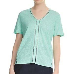 NWT MAJE Tyo Crochet Stitch Inset Perforated Linen Tee in Sea Green